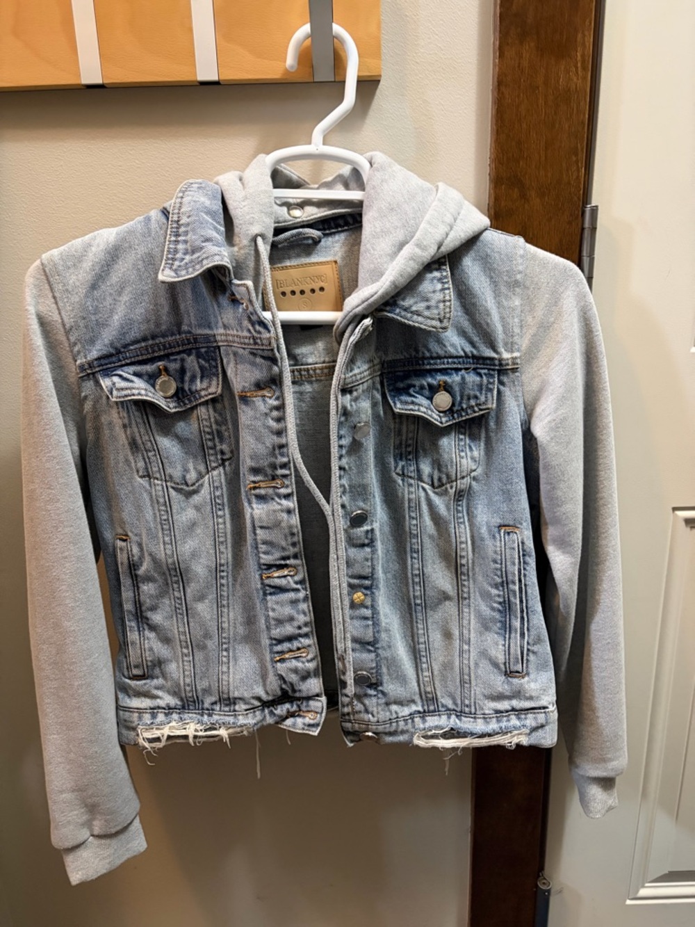 Blank NYC Denim Jacket with Grey sleeve’s and removable Hoodie